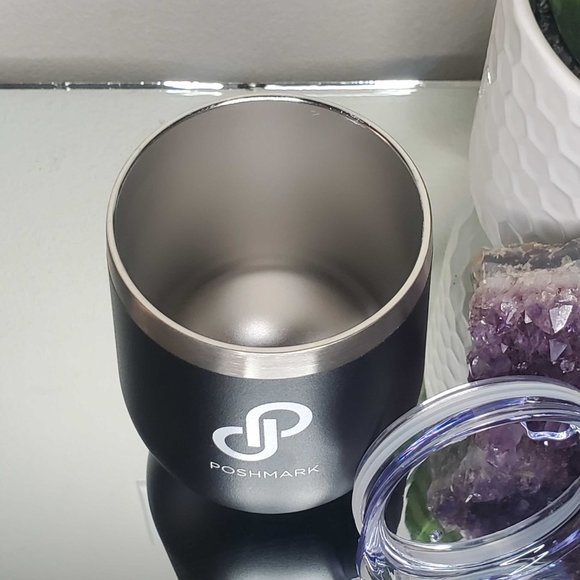 πHP 7/26/22π Poshmark 12oz Wine Tumbler Hot/Cold Black w/White Lettering NWOT - Picture 3 of 5